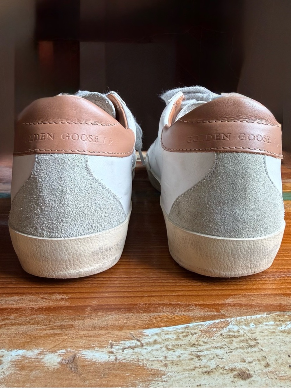 Golden Goose White Leather Low-Top Sneakers with Beige Star and Tan Heel - Picture 5 of 13